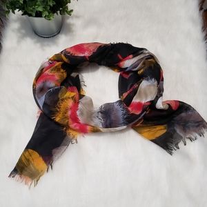 Black Multi-Color Feather Print Scarf, Light